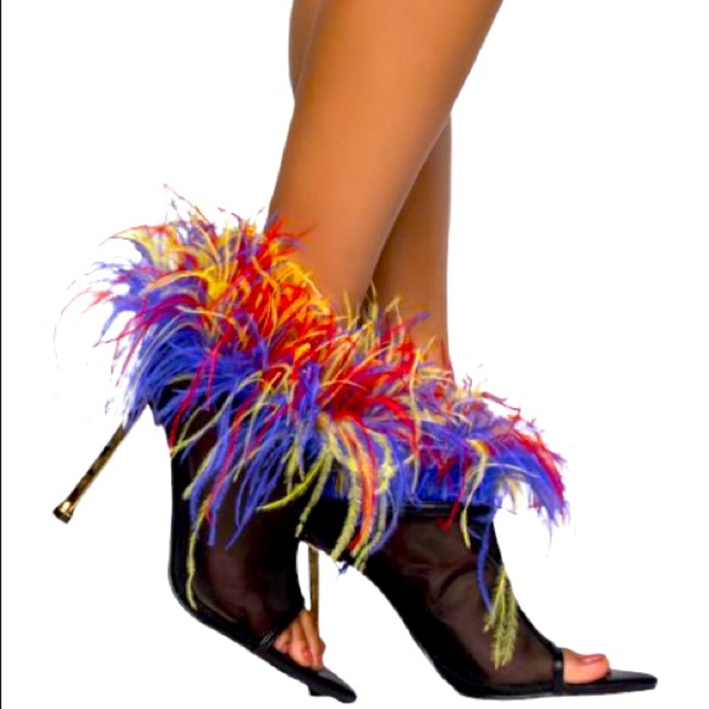 Azalea Wang Sasha Multi-Colored Feather Trim Photoshoot Open Toe Ankle Booties - Picture 1 of 4